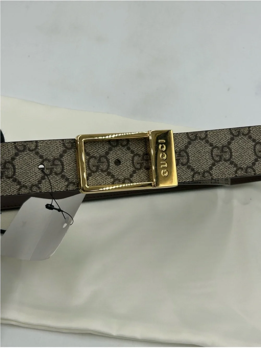 Unisex, Gucci, monogram canvas belt with gold engraved buckle beige/brown 80/32